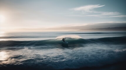 Fototapeta premium Sky and Sea: A Blue Surfboard Taking on the Waves, Generative AI 