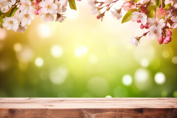 Naklejka na ściany i meble Spring foreground, Wooden table product display, flowering cherry branches and sunlight, Soft Lights, Bokeh Effect in Background. Generative AI. 