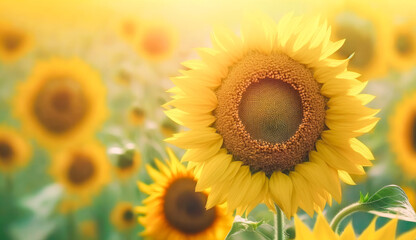 Sunflower field at sunny day, soft lights, blurred background. Generative AI.