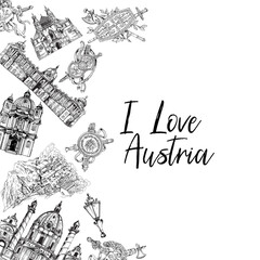 Poster card with hand drawn sketch style Austria related places, buildings, objects isolated on white background. Vector illustration. - 588080309