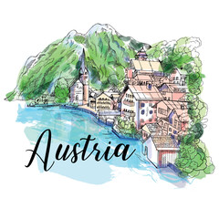 Hand drawn sketch style view of Hallstatt village isolated on white background. Colored vector illustration. - 588080348