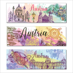 Poster card with hand drawn sketch style Austria related places, buildings, objects isolated on white background. Vector illustration. - 588080539