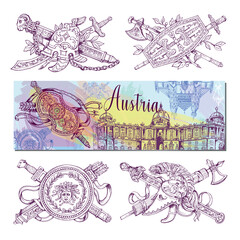 Poster card with hand drawn sketch style Austria related places, buildings, objects isolated on white background. Vector illustration.