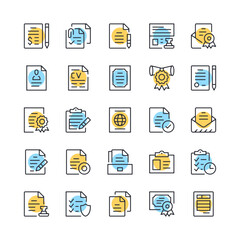 Legal documents line icons. Set of document icons. Black, blue and yellow colors. Modern outline graphic design. Vector line icons set