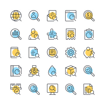 Search line icons. Set of magnifying glass icons. Black, blue and yellow colors. Modern outline graphic design. Vector line icons set