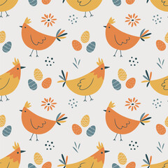 Easter seamless pattern with chickens, easter eggs, flowers and butterfly. My First Easter. Perfect for textile, wallpaper or print design