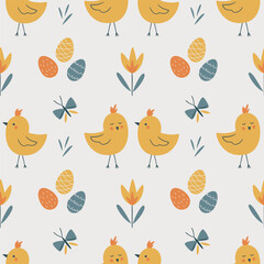 Easter seamless pattern with chicks, easter eggs, flowers and butterfly. My First Easter. Perfect for textile, wallpaper or print design