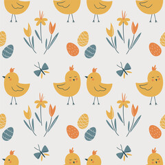 Easter seamless pattern with chicks, easter eggs, flowers and butterfly. My First Easter. Perfect for textile, wallpaper or print design