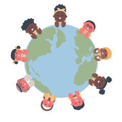 Children around the map of world. Multicultural group of kids. Happy baby boys and baby girls. Vector illustration