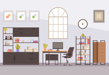 Office background interior desk space workspace concept. Vector graphic design illustration