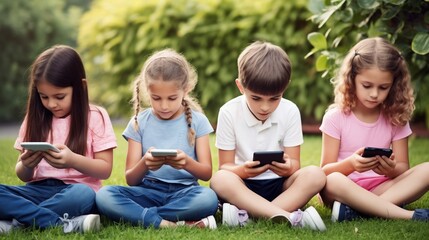 enfants qui regardent leur smartphone au lieu de jouer entre eux - generative ai - obrazy, fototapety, plakaty