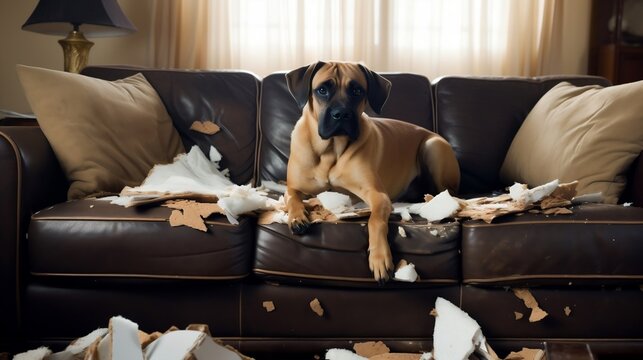 chien qui a d&eacute;truit un canap&eacute; - generative ai