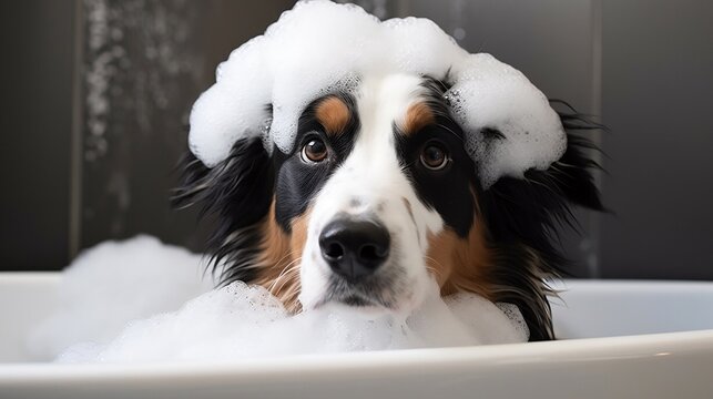 chien dans un bain avec de la mousse sur la t&ecirc;te - generative ai