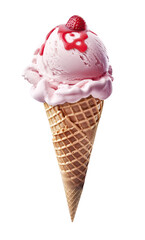 Strawberry cone ice cream on cutout PNG transparent background. Generative AI