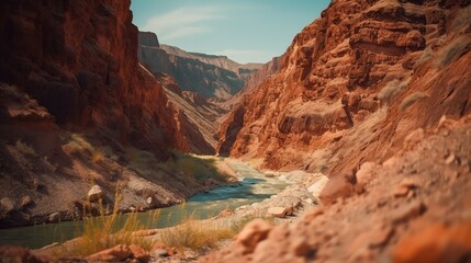 Picturesque view on canyon. Beautiful landscape with red ground vale. Wild nature outdoor background. AI generative image.