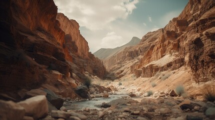 Fototapeta premium Picturesque view on canyon. Beautiful landscape with red ground vale. Wild nature outdoor background. AI generative image.