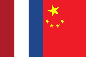 Nederland and China vertical flags together background, abstract Nederland China politics concept