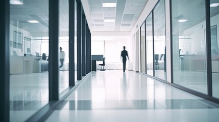 Office corridor, long exposure, motion blur effect, modern business center interior with blurred rushing people. Indoor background. Office life concept. AI generative image.