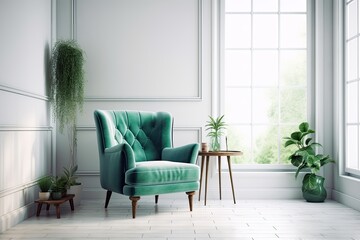 cozy living room with a touch of nature: green chair and potted plant. Generative AI
