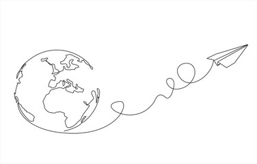 continuous line drawing paper plane taking off from a map and flying symbol for travel or journey illustration vector