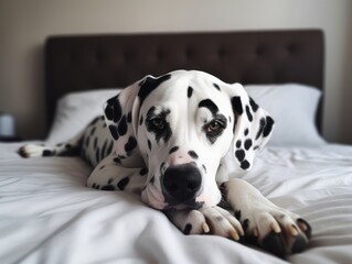 Dalmatian dog lying on a bed created using generative AI tools