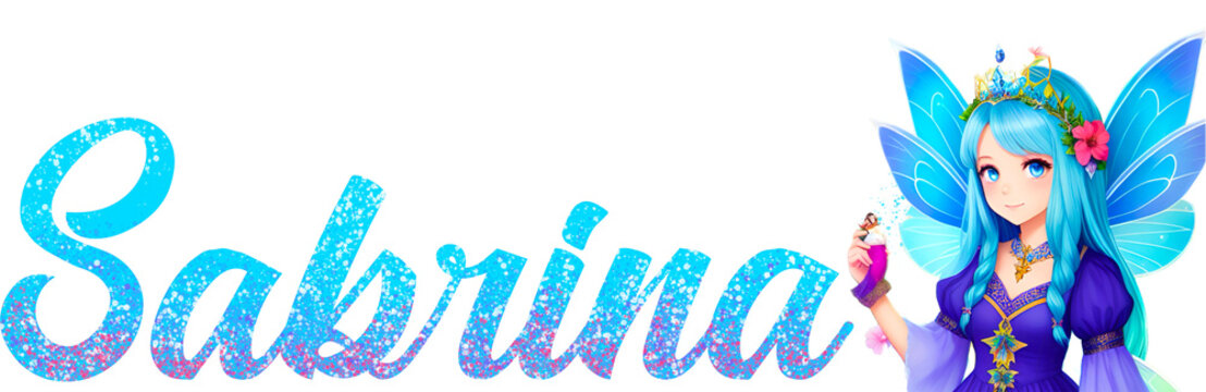 Sabrina - light blue - glitter female name with magical warriors - great for website, email, presentation, greeting, banner, postcard, book, t-shirt, sweatshirt