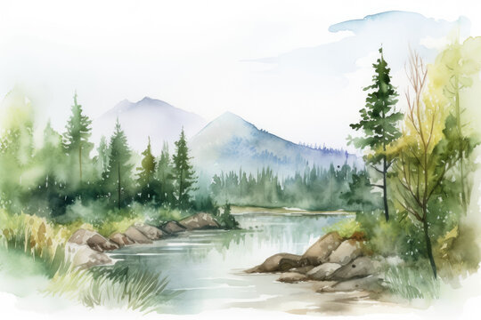 Mountains with river in the forest. Landscape watercolor painting. Scenic mountain landscape.