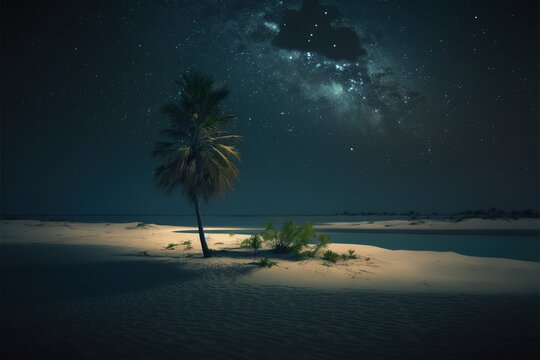 A beautiful bioluminescent night in a paradise open beach