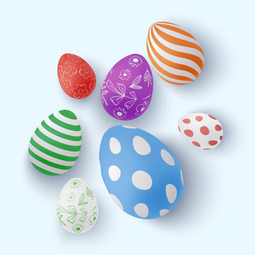 Easter eggs in different colors and patterns. Easter holiday 3d, realistic colorful vector illustration with blue background. Banner, poster, greeting card, website, template, decorative object.