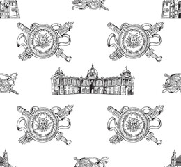 Seamless pattern of hand drawn sketch style Austria related places, buildings and objects isolated on white background. Vector illustration. - 588083950