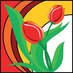 Czerwone tulipany na kolorowym witrażowym tle. Dwa piękne wiosenne kwiaty. Kwadratowy witraż z tulipanami, ilustracja wektorowa. Motyw z dwoma ognistymi tulipanami.