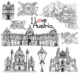 Set of hand drawn sketch style Austria related places, buildings, objects isolated on white background. Vector illustration.