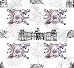 Seamless pattern of hand drawn sketch style Austria related places, buildings and objects isolated on white background. Vector illustration. - 588083976