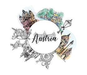 Poster card with hand drawn sketch style Austria related places, buildings, objects isolated on white background. Vector illustration. - 588084348