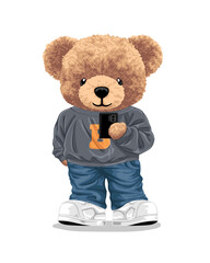 Fototapeta na wymiar Vector cartoon illustration, hand drawn cute bear holding cellular phone in casual style