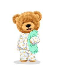 Vector cartoon illustration, hand drawn teddy bear in pajamas with bolster pillow