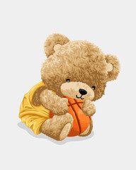 Obraz premium Vector cartoon illustration, funny teddy bear hugging basketball ball