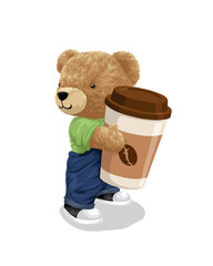 Vector cartoon illustration, cute teddy bear hugging big coffee cup