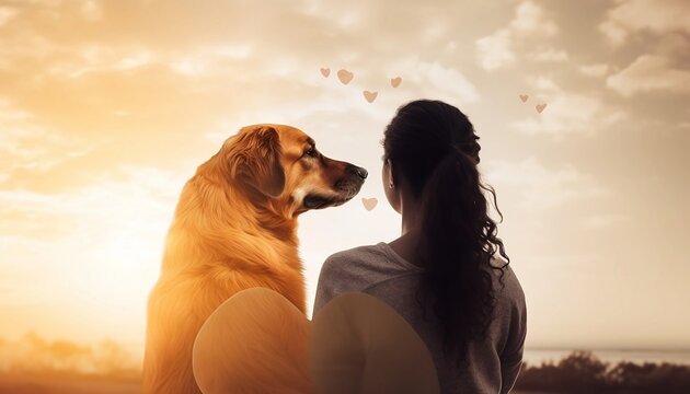 Love at First Sight A Dog Gazing at its Owner Against a Beautiful Sunset with Hearts Afloat, Generative AI