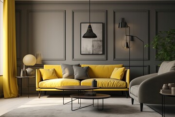 modern living room with yellow and grey furniture. Generative AI