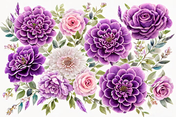 floral watercolor background with purple flowers all over, dahlias, roses, chrysanthemums, peonies in a bouquet, generative ai