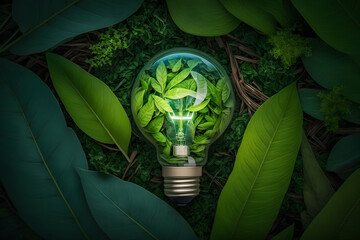 light bulb against nature on green leafs energy sources for renewable, sustainable development. Ecology concept. Neural network AI generated art - obrazy, fototapety, plakaty