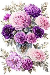 Foto auf Acrylglas floral watercolor background with purple volumetric flowers in a glass vase on a white background, generative ai © Yuliia