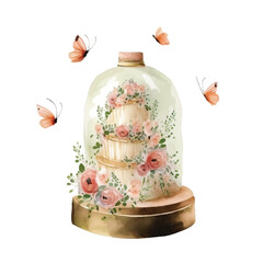 Watercolor vintage wedding cake in pastel colors , isolated and editable.