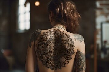 Young woman with tattoo on the back