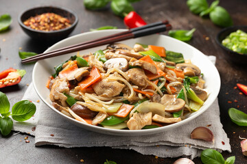 Chicken Chop Suey in white plate. Take away food
