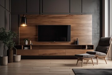 modern living room with a large television screen and comfortable armchair. Generative AI