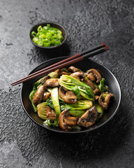 Bok Choy or Pak Choi and Mushroom Stir Fry in vegetarian sauce. Healthy vegan food.