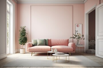 cozy living room with pink walls and a matching pink couch. Generative AI