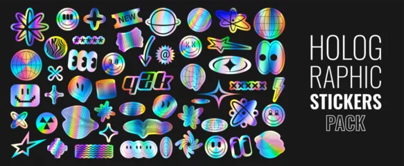 Keuken foto achterwand Retro compositie Set of holographic retro futuristic stickers. Vector illustration with iridescent foil adhesive film with symbols and objects in y2k style. Holographic futuristic labels.